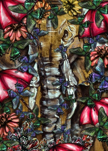 Elephant With Red Umbrellas